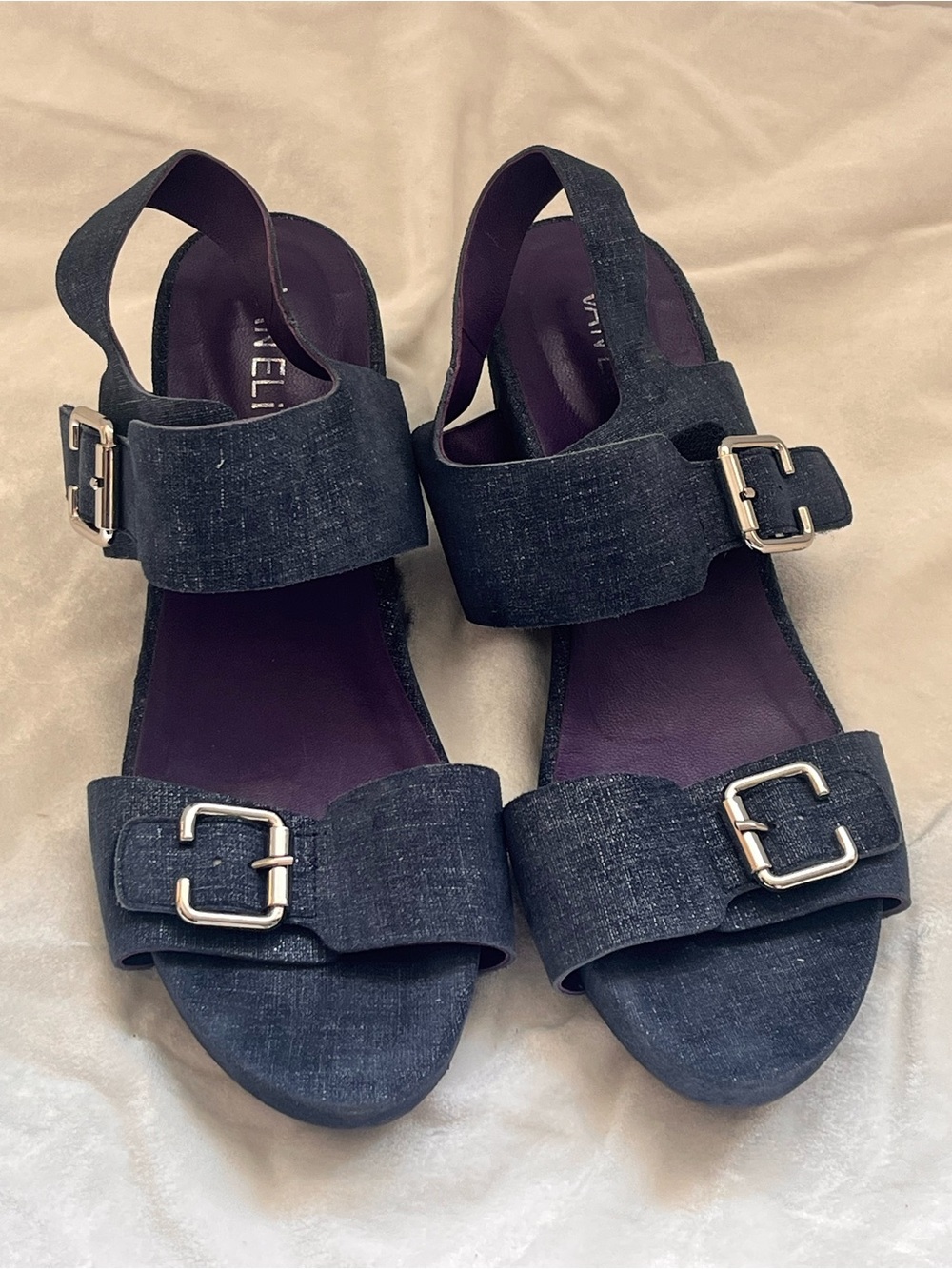 Vaneli Navy Denim Buckle Slingback Sandals